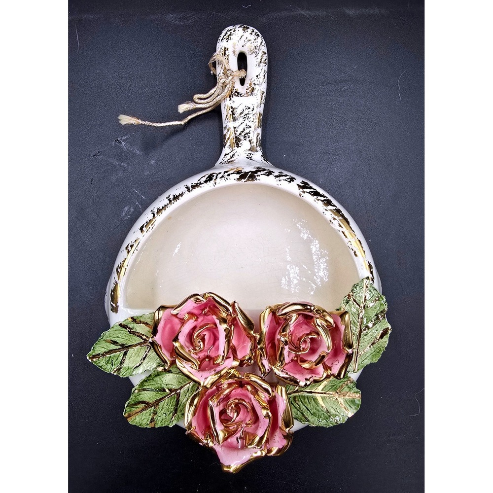 Vintage Ceramic Frying Pan Wall Pocket Planter Pink Roses Gold Trim‎ Hanging